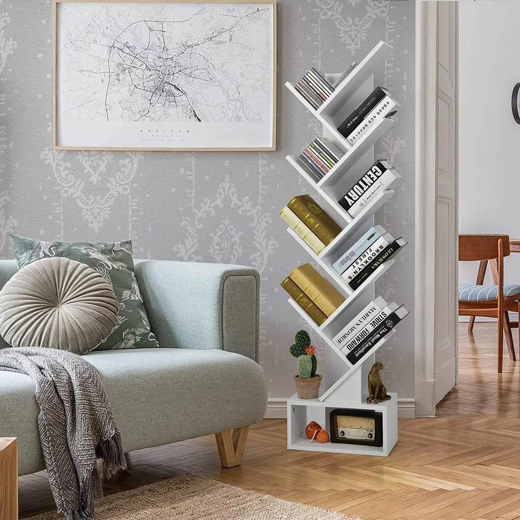 White Wooden 10 Shelf Bookshelf with Drawer I625951