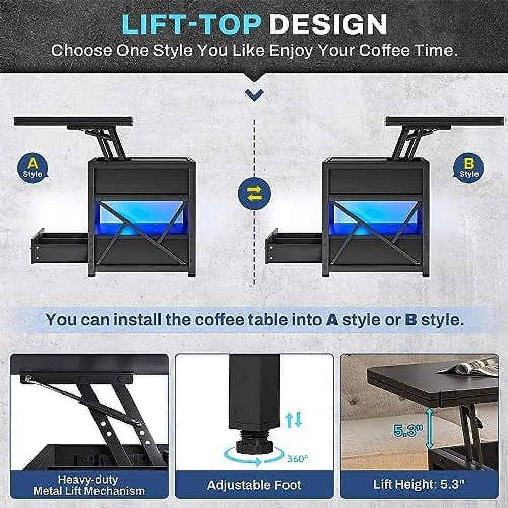 40" Lift Top Coffee Table with 2 Drawers & LED Light B429403