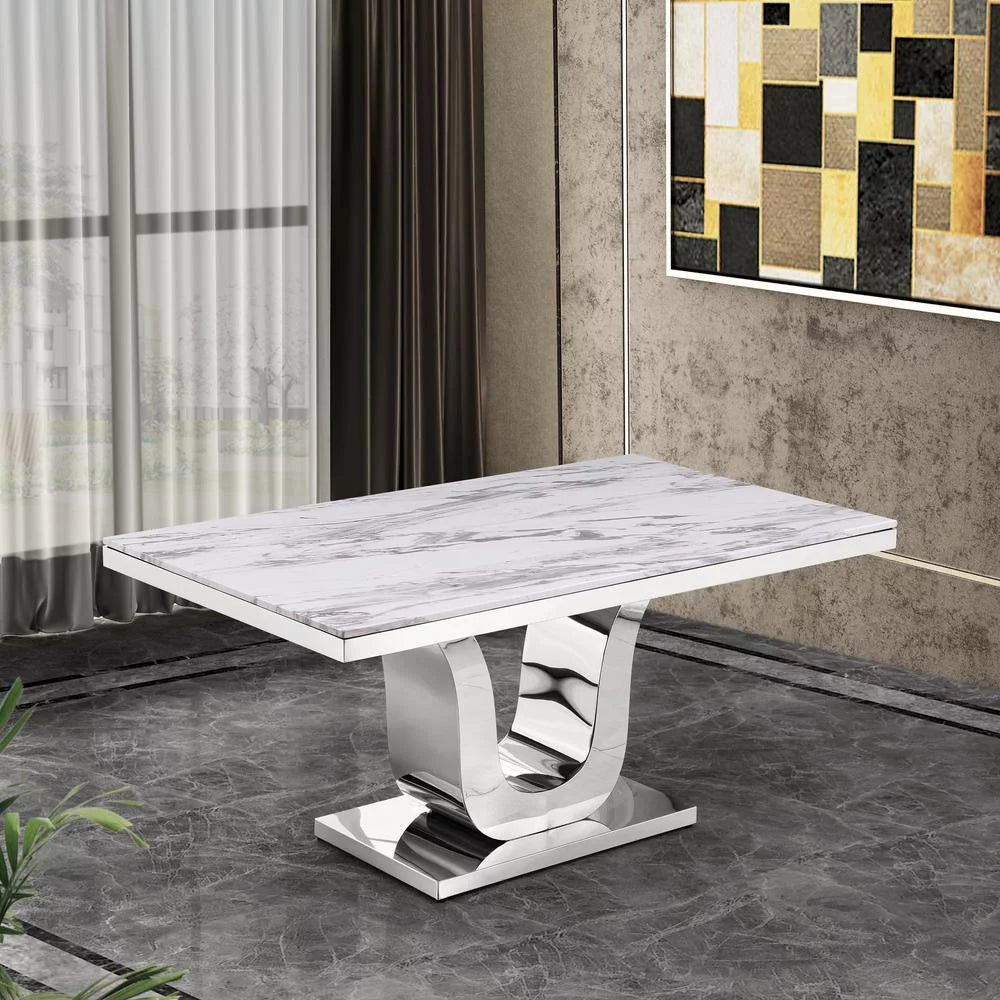 Stainless Steel 9 Piece Dining Set with Marble Table and Gray Chairs T36806