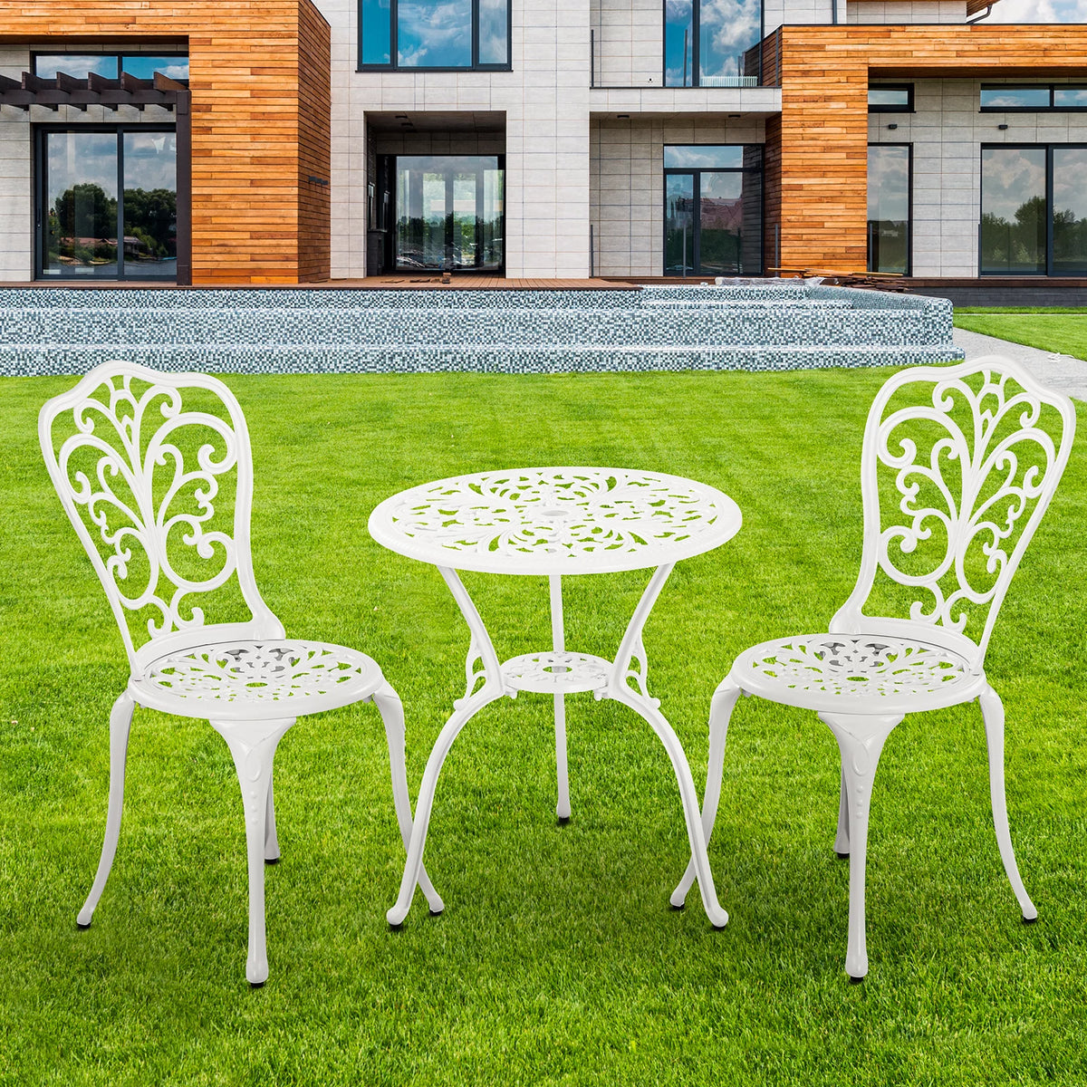 White Bistro Table and Chairs Set of 2 with Umbrella Hole E8352