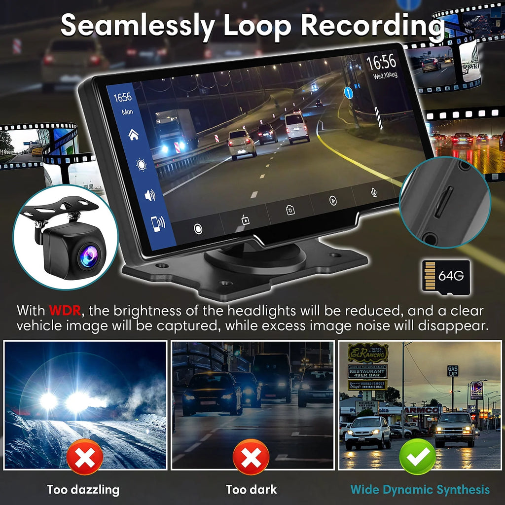 9.3 Portable Car Stereo with 2.5K Dash Cam and Backup Camera U100131
