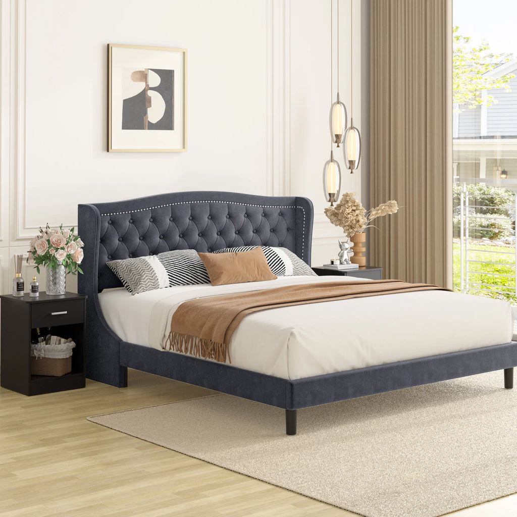 King Bed Frame with Wing-Back Button Tufted Headboard F327544