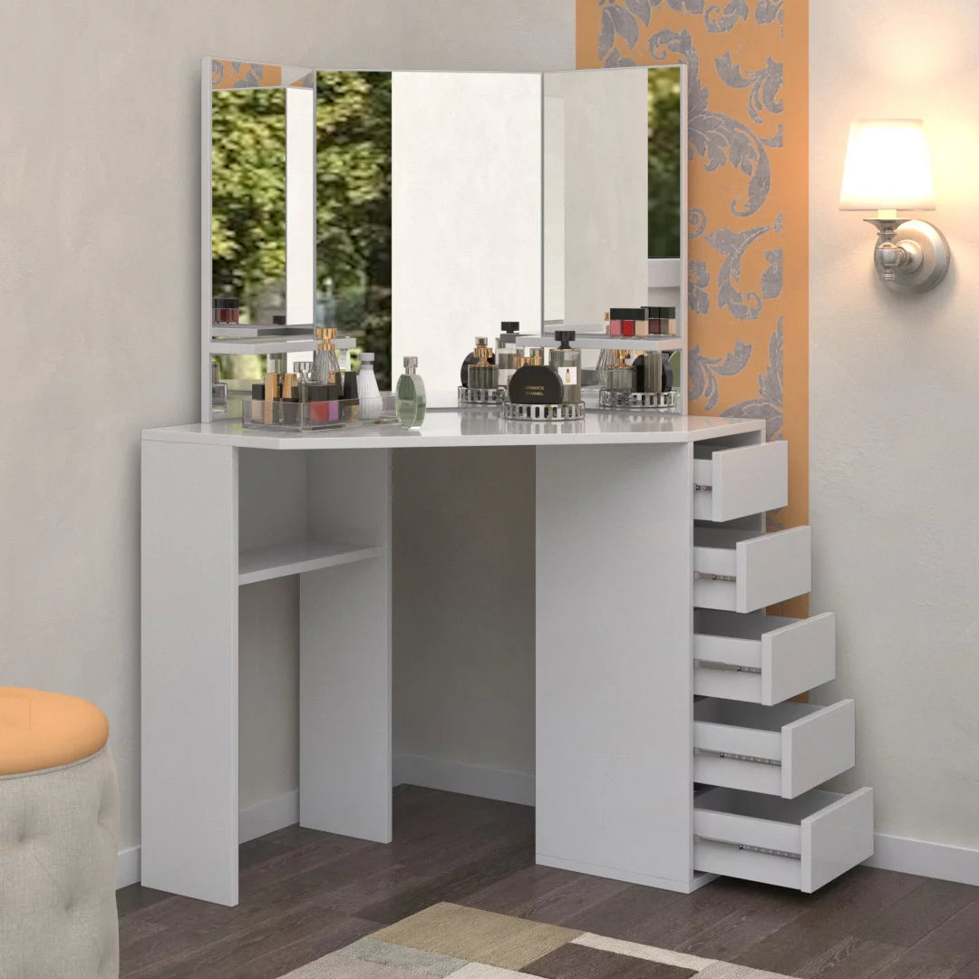 Corner Makeup Vanity Desk with 3 Mirrors and 5 Drawers H82332