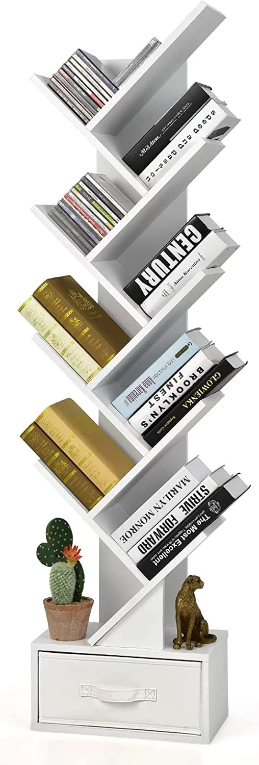 White Wooden 10 Shelf Bookshelf with Drawer I625951