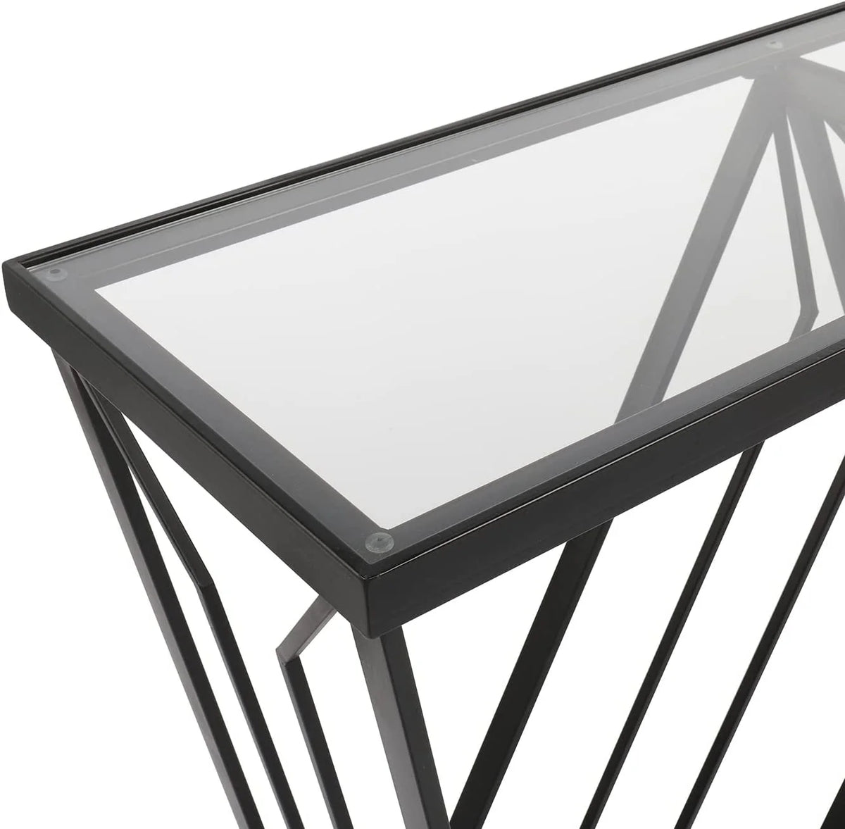 Glass Console Table Narrow Sofa Table Black Metal Frame X7826