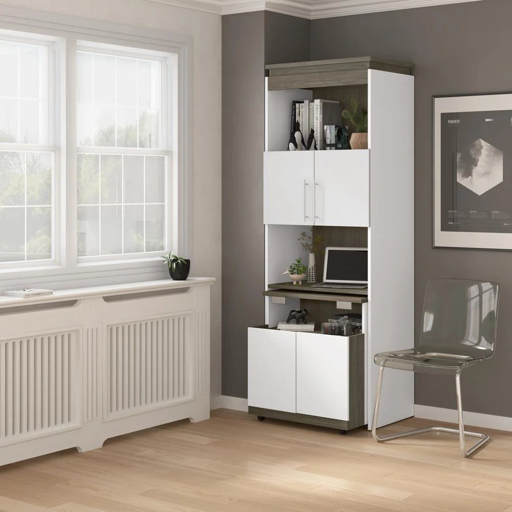White & Walnut Grey Shelving Unit with Fold-Out Desk U2698
