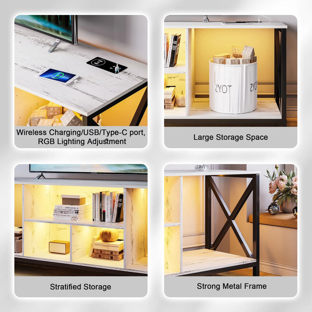 White LED TV Stand with Charging Station and Storage Cabinet J2733