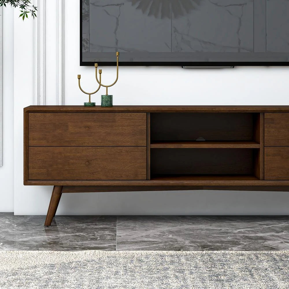 70.5" Mid-Century Walnut 4 Drawer Wood TV Stand O6958