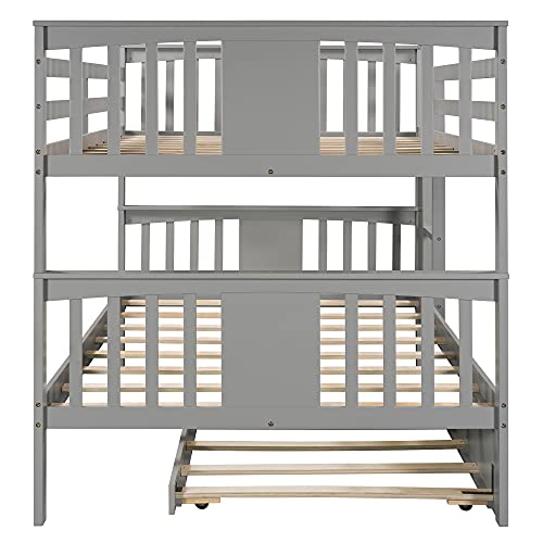 Twin Over Twin Solid Wood Bunk Bed with Stairs Slide Desk Storage Drawers Shelves Gray A670093