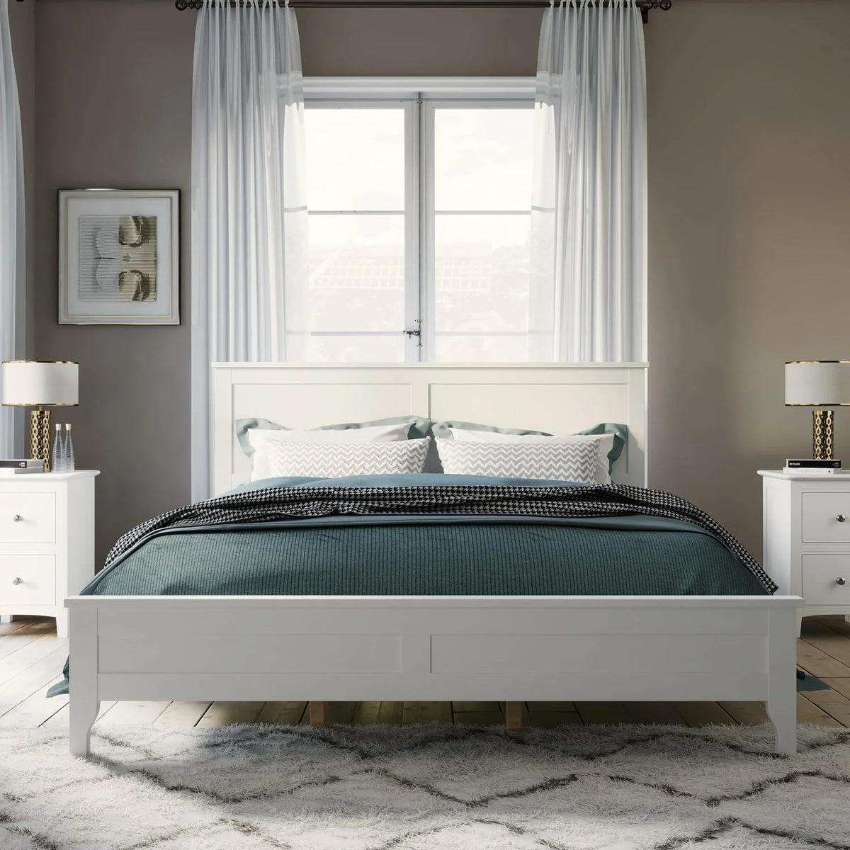 Queen Size White Solid Wood Platform Bed Q81941
