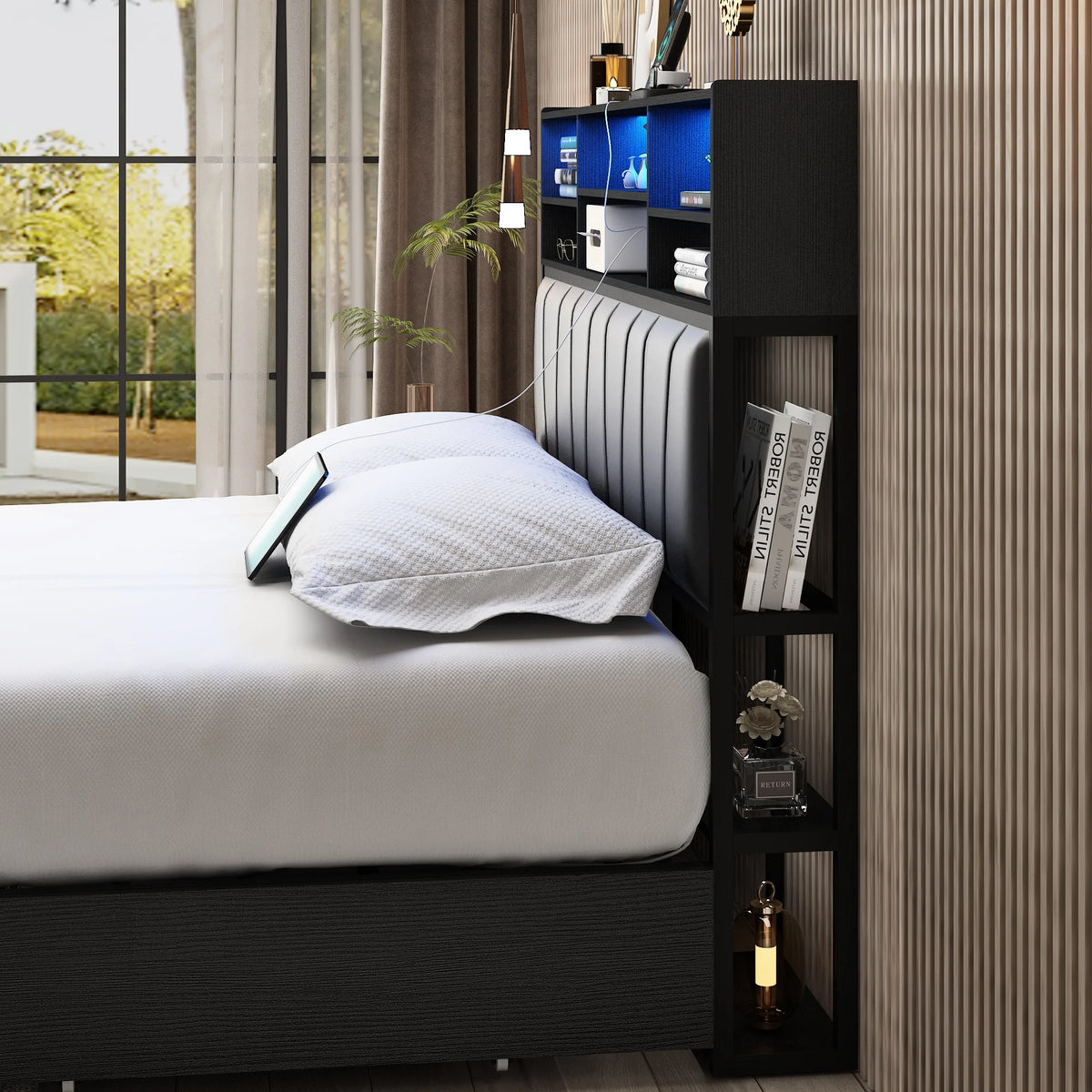 White Queen Size LED Platform Storage Bed Frame with Charging Station P894927