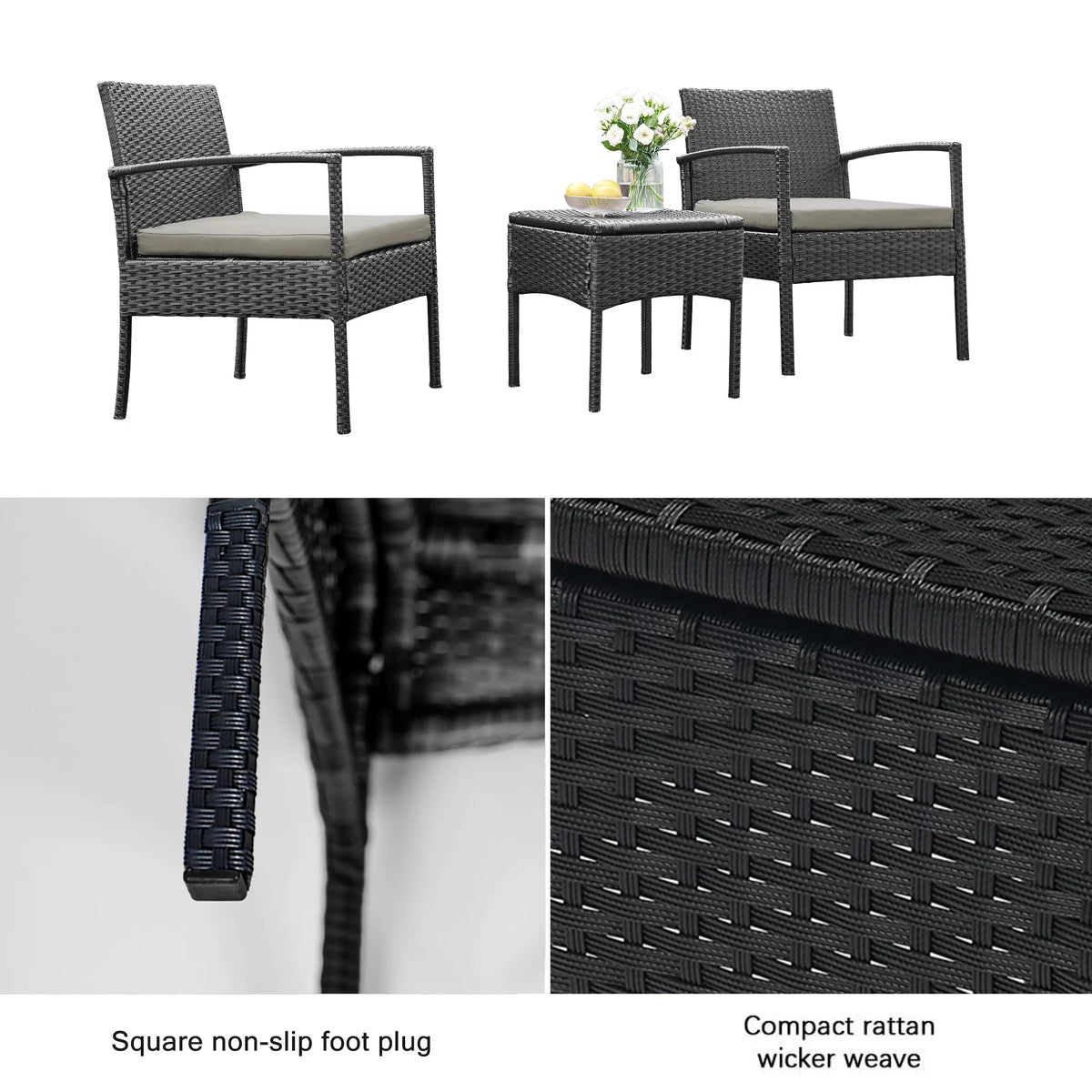 3 Pieces PE Rattan Wicker Chairs and Table Set W937210