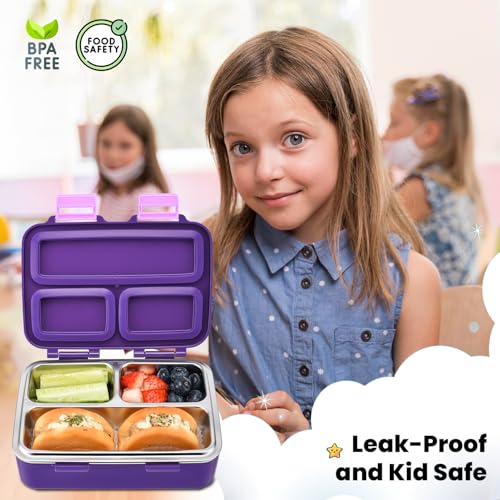 3-Compartment Kids Bento Lunch Box with Leak-Proof Lid, Spoon & Stainless Steel Tray A2859