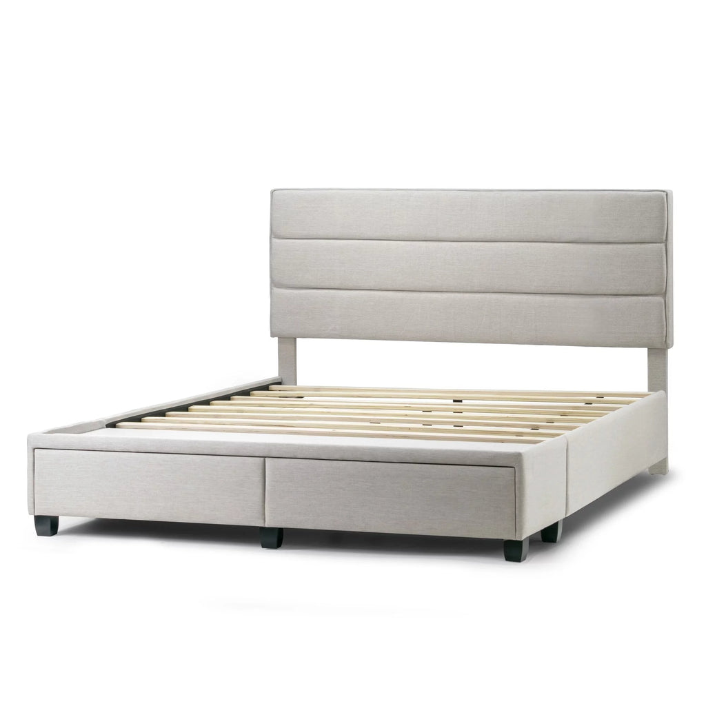 Beige Fabric Queen Bed with Two Storage Drawers Y869