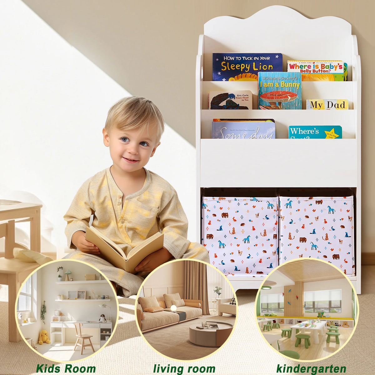 White Wood 4 Tier Kids Bookshelf with Toy Bin E651