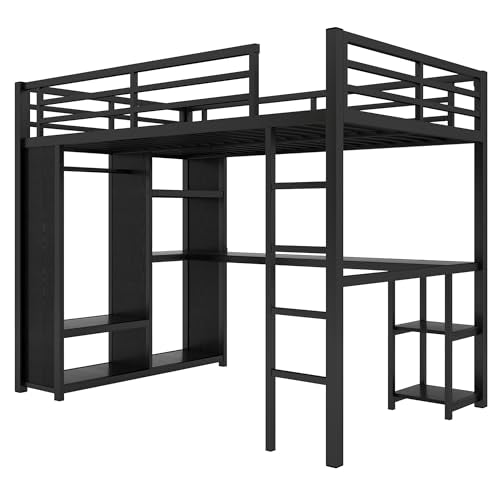 Queen Size Black Metal Loft Bed with Wardrobe and Desk Y69698