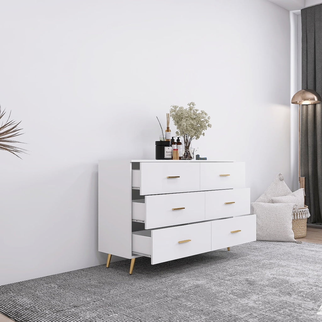White 6 Drawer High Glossy Chest of Drawer with Golden Handle X346384