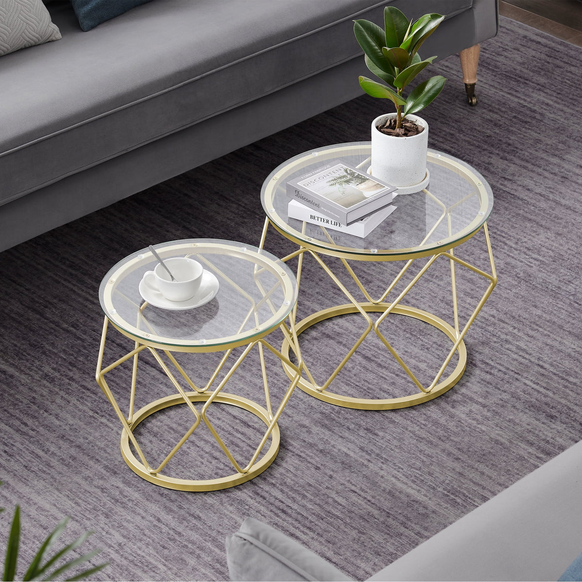 Round Coffee Table Set of 2 with Tempered Glass Top C269