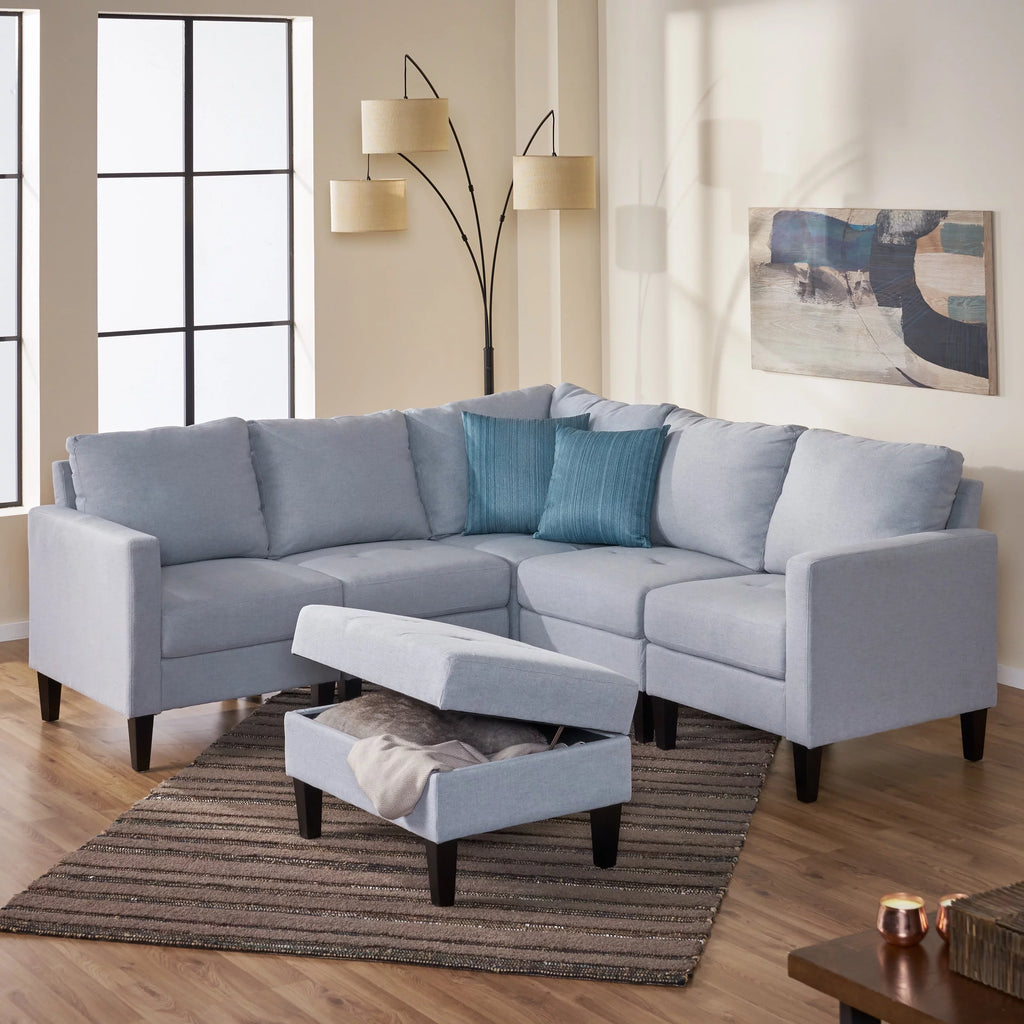 Light Gray Fabric 5 Seater Sectional Sofa with Storage Ottoman J17721