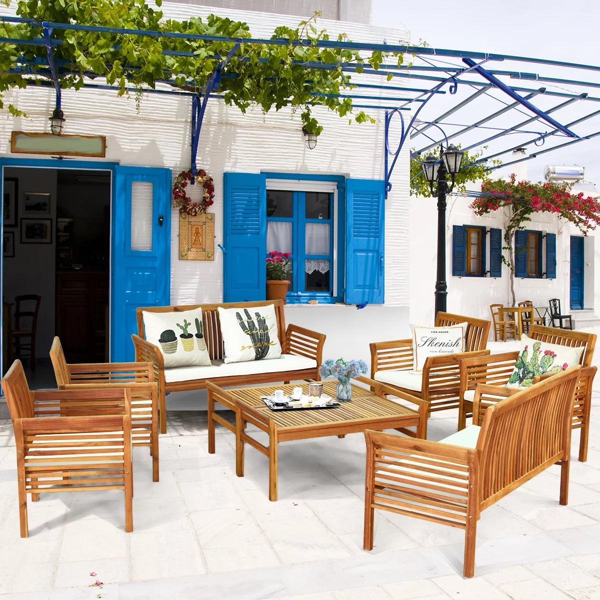 4-Piece Acacia Wood Patio Sofa Set with Beige Cushions V593
