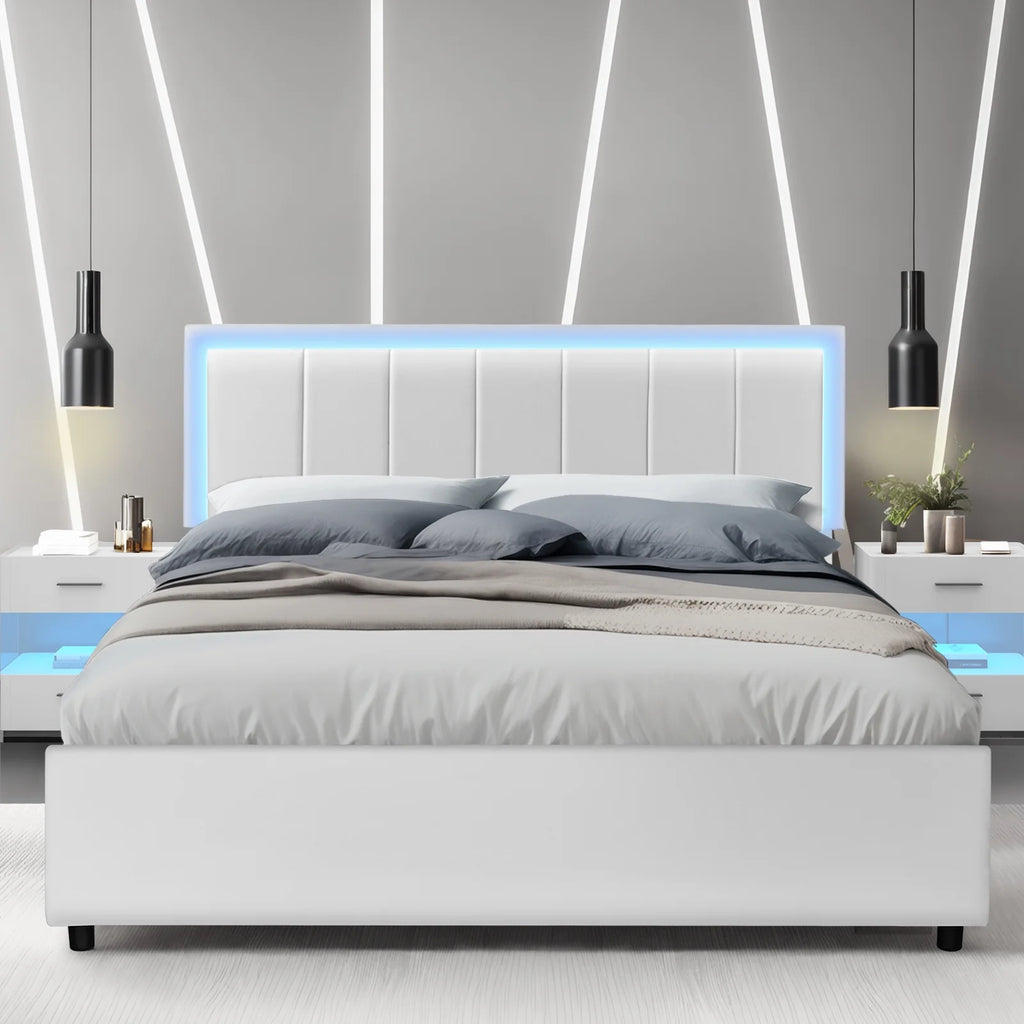 Queen Size White Upholstered Platform Bed Frame with 4 Storage Drawers S25665