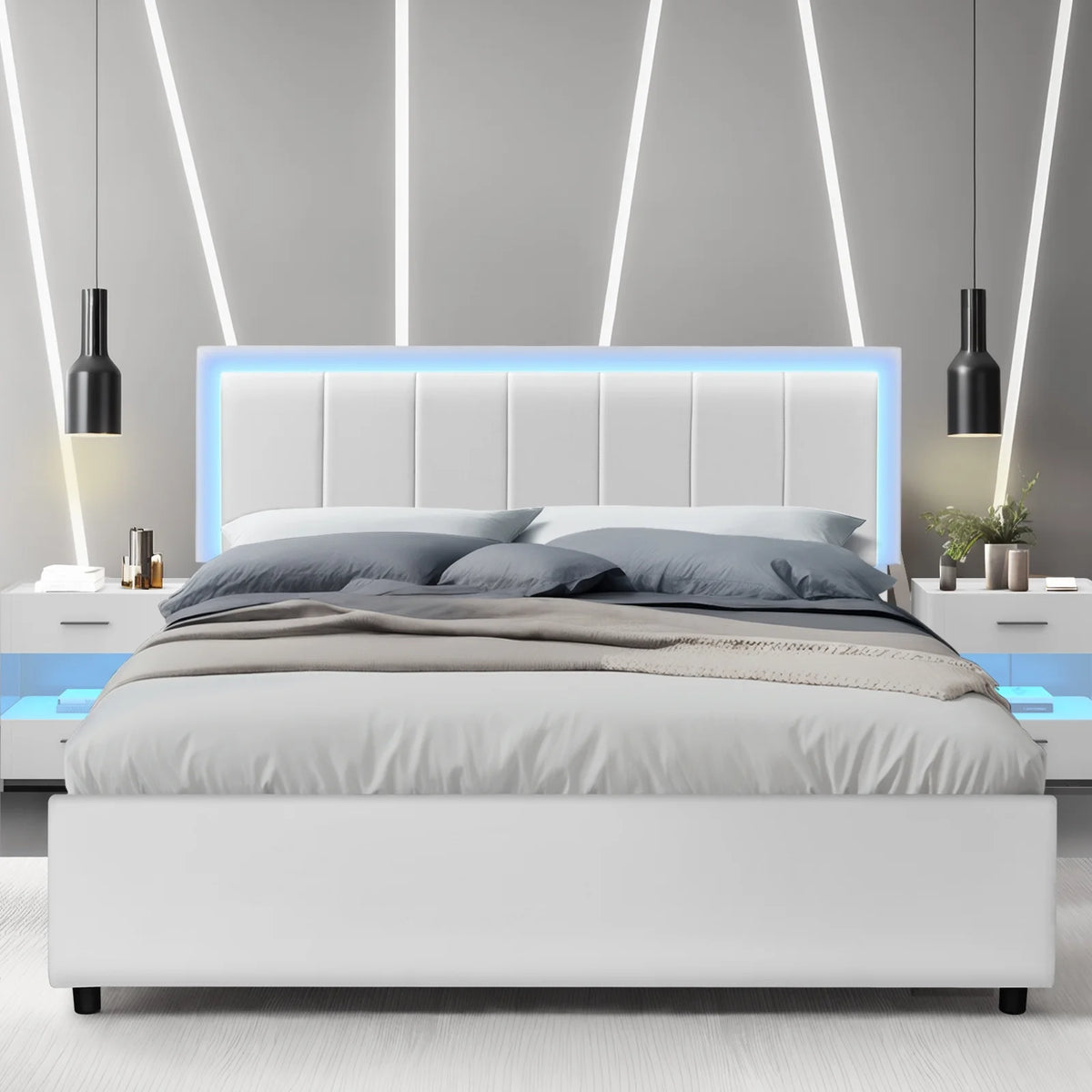 Queen Size White Upholstered Platform Bed Frame with 4 Storage Drawers S25665