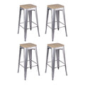 Silver 30 Inch Backless Metal Barstools with Light Wood Seat, Set of 4 T109