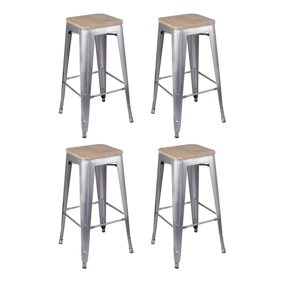 Silver 30 Inch Backless Metal Barstools with Light Wood Seat, Set of 4 T109