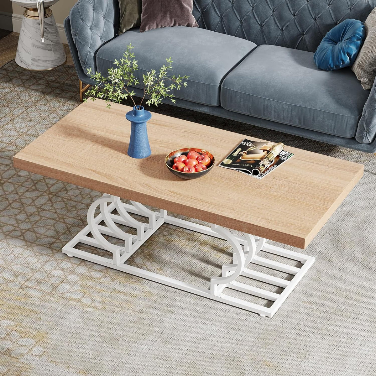 47 Inch Rustic Coffee Table with Geometric Frame E957
