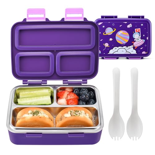 3-Compartment Kids Bento Lunch Box with Leak-Proof Lid, Spoon & Stainless Steel Tray A2859