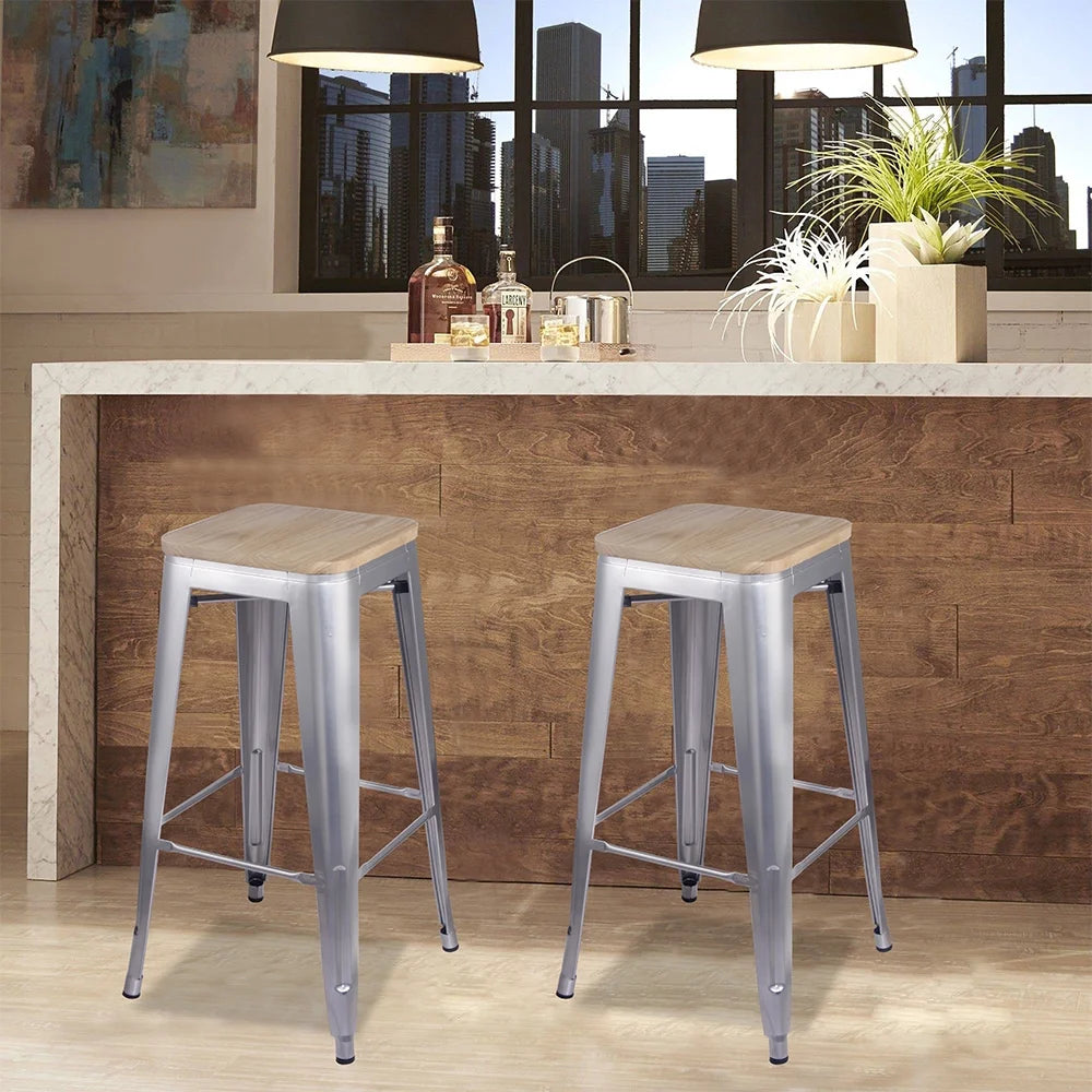 Silver 30 Inch Backless Metal Barstools with Light Wood Seat, Set of 4 T109