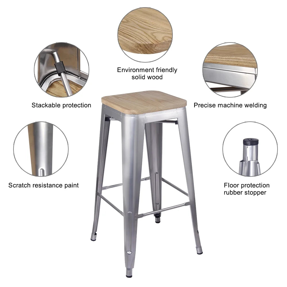 Silver 30 Inch Backless Metal Barstools with Light Wood Seat, Set of 4 T109