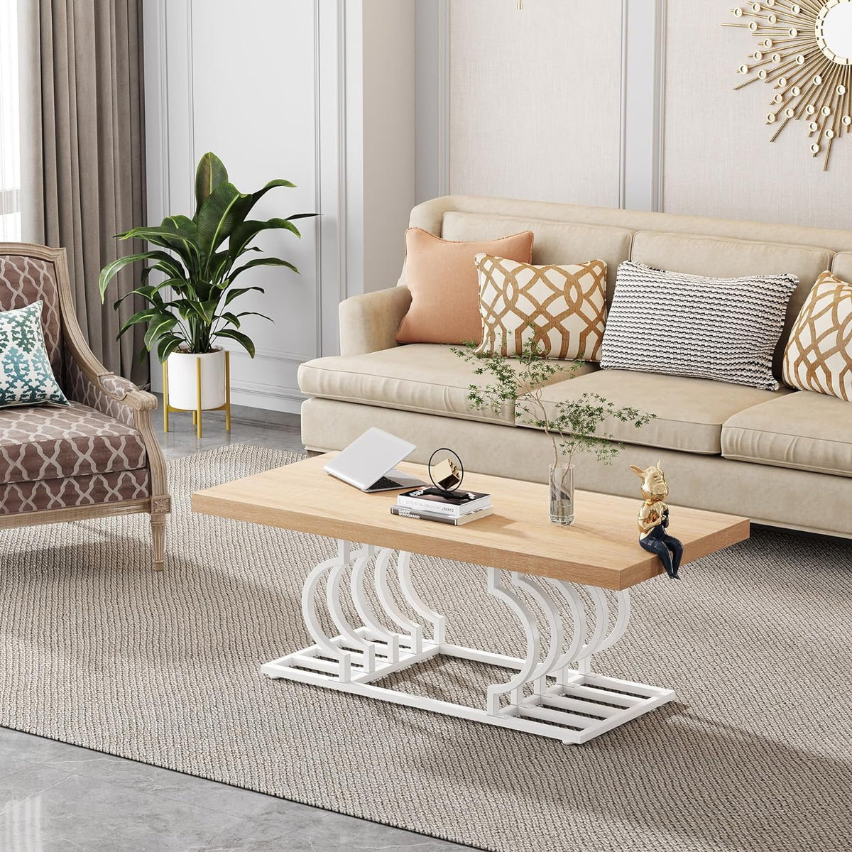 47 Inch Rustic Coffee Table with Geometric Frame E957