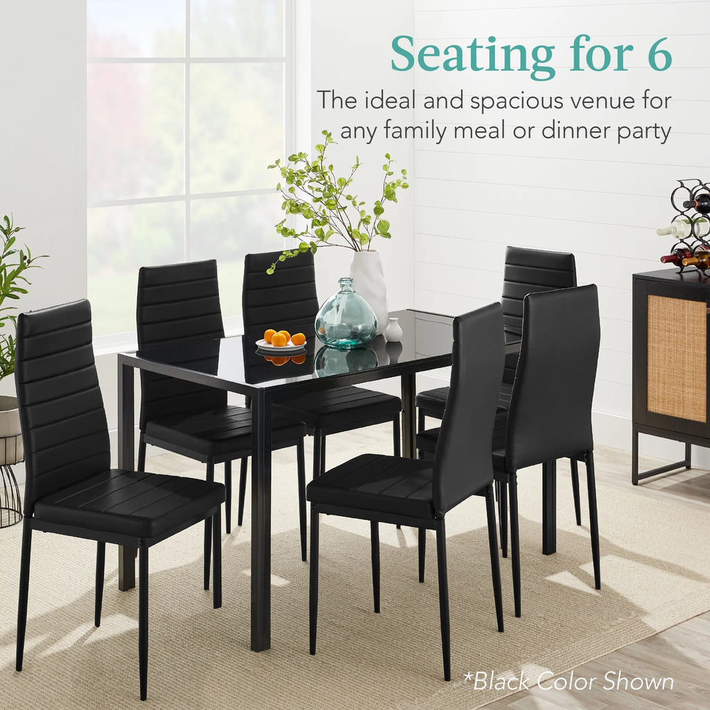 7-Piece Kitchen Dining Table Set with Glass Tabletop 6 Faux Leather Chairs V252963