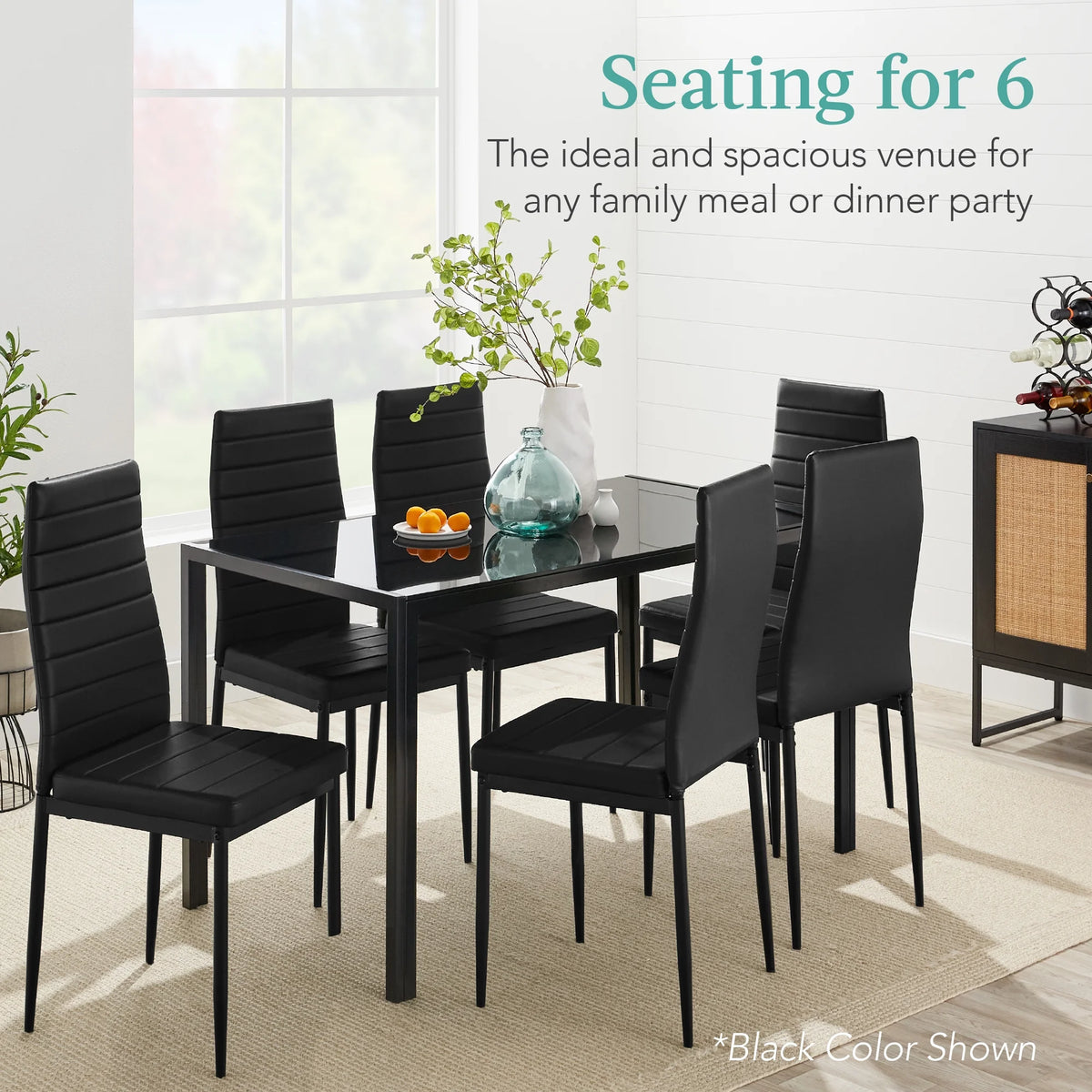 7-Piece Kitchen Dining Table Set with Glass Tabletop 6 Faux Leather Chairs V252963